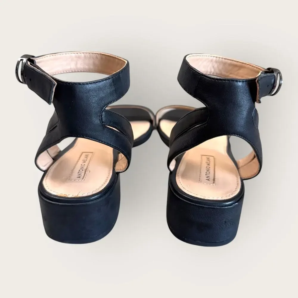 Antonio Melani Black Leather Ankle Strap Dress Sandals Womens 9.5 Low Block Heel - Picture 3 of 10